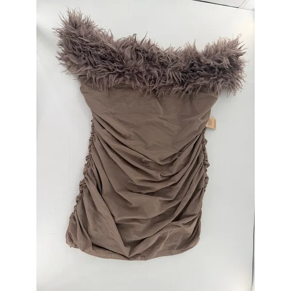 PrettyLittleThing Plus Taupe Faux Shearling Bardot Ruched Mini Dress 26 NWT Club - Image 2