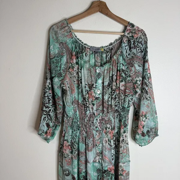 Figueroa & Flower Dress Womens Large Green Paisley Boho Maxi Peasant Button - Image 2