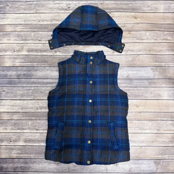 Boden Blue Brown Plaid Wool Blend Zip Up Hooded Puffer Pembroke Down Vest 6 - Image 8