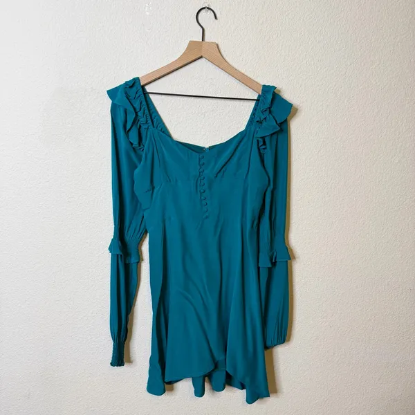 For Love & Lemons Teal Blue Ruffle Long Sleeve Mini Peasant Dress Womens Size M‎ - Image 2