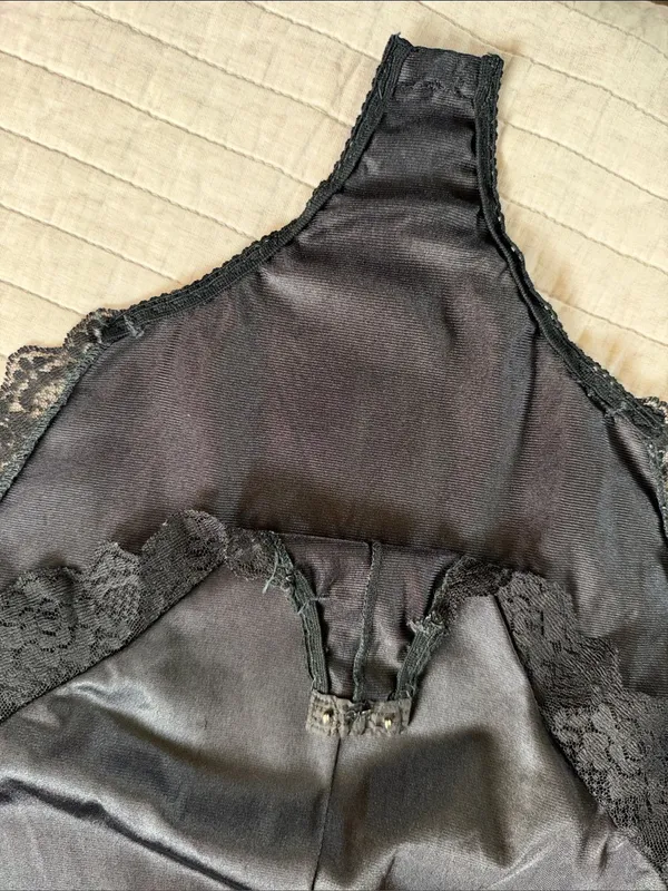 Bestform Vtg 80’s 36 black lace trim nylon lingerie bodysuit whimsy goth - Image 7