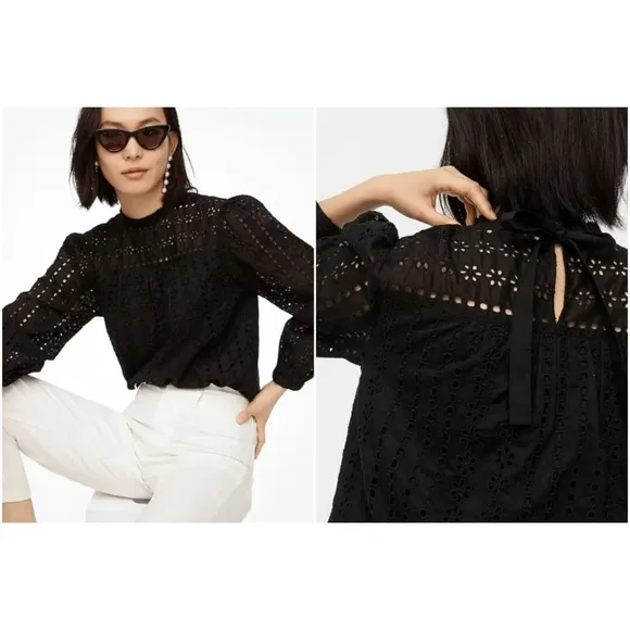J. Crew Women's Tie Back Top in Black Cotton Ditsy Eyelet Mock Neck - Sz XS - Image 2