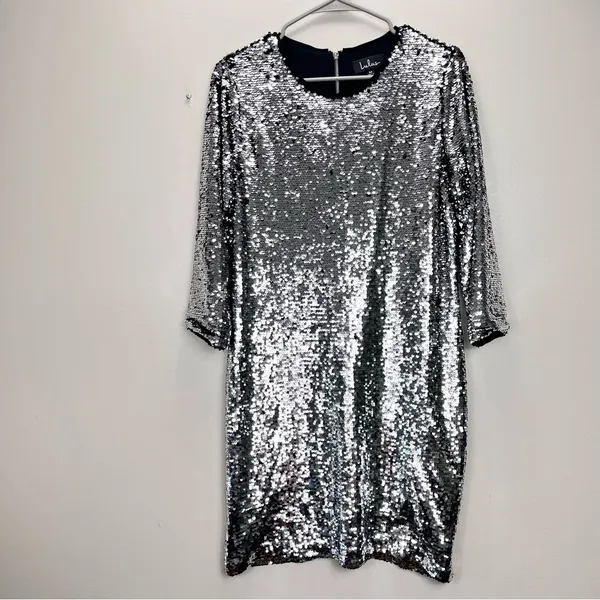 Lulus Main Event Silver Sequin 3/4 Sleeve Sheath‎ Dress MEDIUM - Image 5