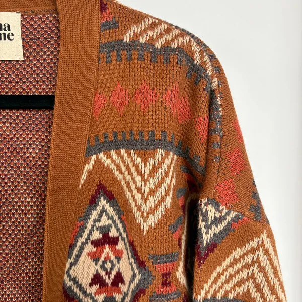 Savanna Jane Southwestern Sweater Brown Coastal Cowgirl Pattern Cardigan Large - Image 4