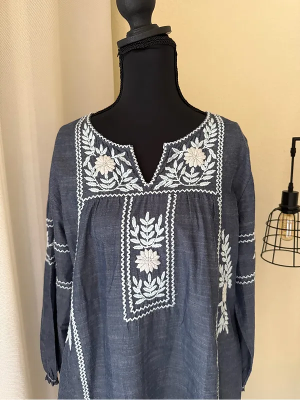 Roller Rabbit Abigail Blue Embroidered Cotton Tunic Dress Boho Medium - Image 4