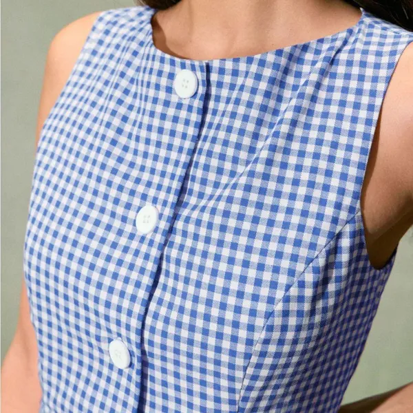 Rihoas Blue Boat Neck Cotton Plaid Mini Dress - Image 2