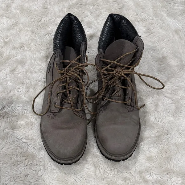 Timberland Waterproof Boots Gray Nubuck with Black‎ Snakeskin-print Woman’s Sz 7 - Image 3