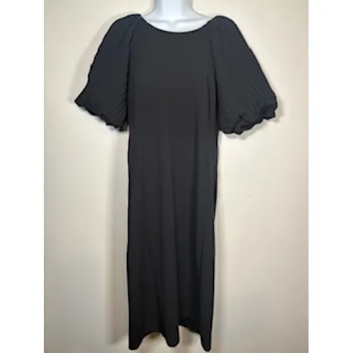 Nina Leonard Sheath Dress Black Pleated Puff Sleeve Midi LBD Elegant Size‎ M - Image 2