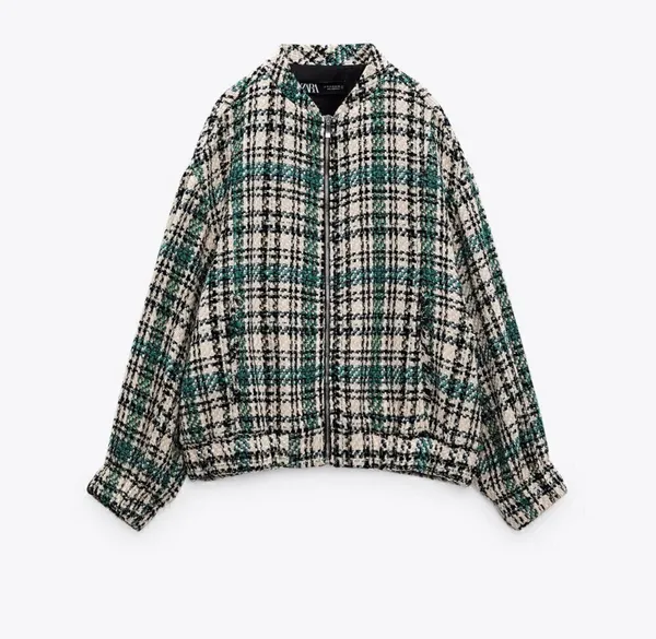 Zara Plaid Tweed Bomber Jacket - Image 9