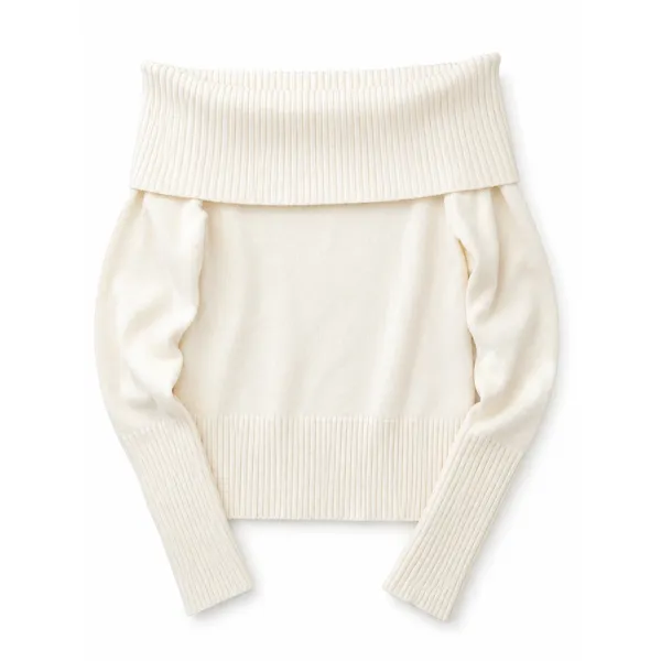Women’s Ivory Off Shoulder Sweater Ribbed Foldover Cowl Neck Knit Pullover - Image 2