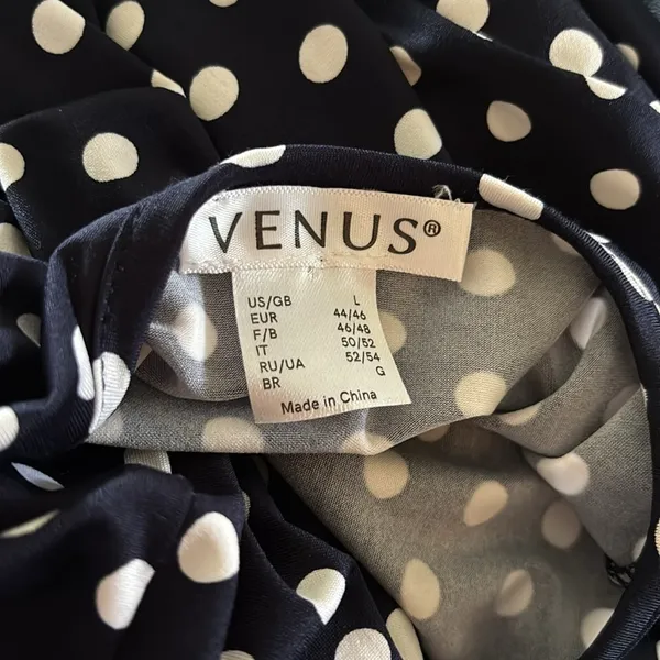 Venus Wide Leg Belted Jumpsuit Sz L Navy White Polka Dot Wrap Bust SS Cropped - Image 6