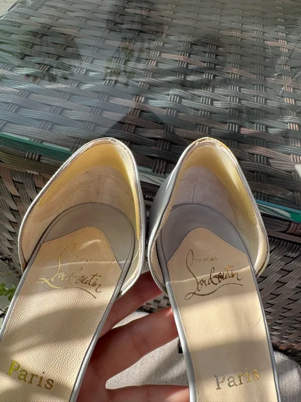 Christian Louboutin Light Grey Leather Open-Toe Stiletto Heels with Red Sole - Image 5