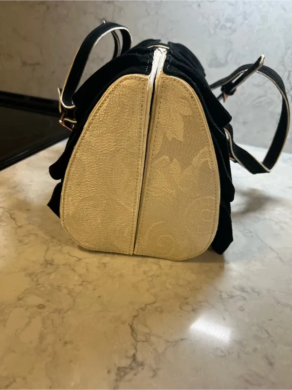 Black Ruffle Suede Satchel with Gold Accent - Image 11