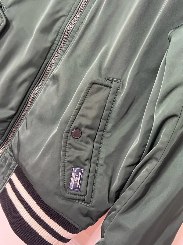 Abercrombie & Fitch Mens M Green Varsity Bomber Jacket Ribbed Collar Zip Up - Image 6