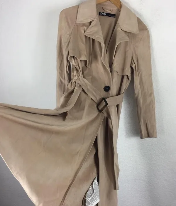 Zara Tan Trench Coat XS Faux Suede Double Breasted Belted Classic Mid Length - Image 13