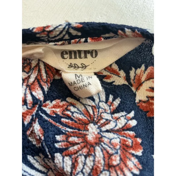 Entro Navy Floral Bell Sleeve Blouse T6247 Navy Rust Boho Keyhole Top Medium - Image 4