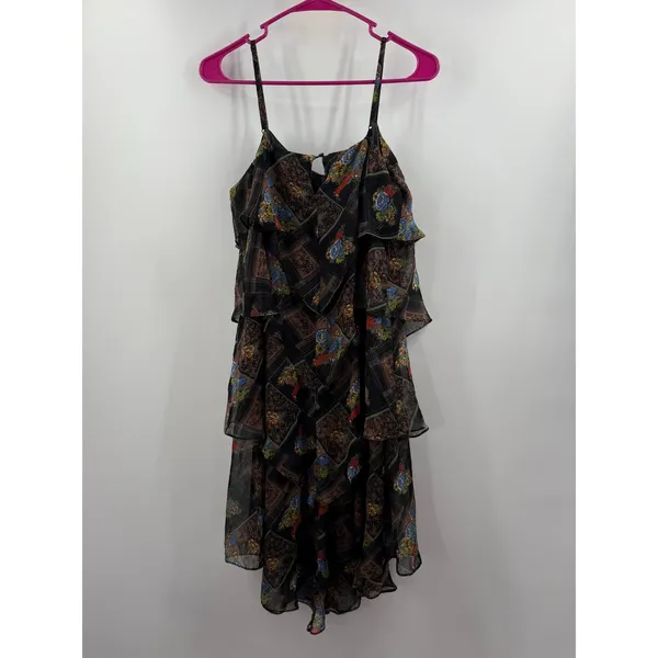 Free People Dress SZ 6 Daisy Chain Floral Plaid Chiffon Tiered Ruffle Sheer Boho - Image 4