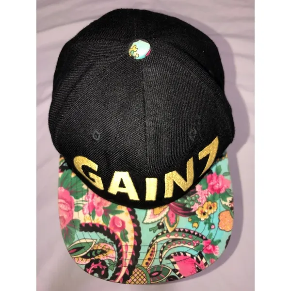 Gainz Snapback Hat Flat Front Vibrant Floral Brim Black Pink Gold Streetwear - Image 6