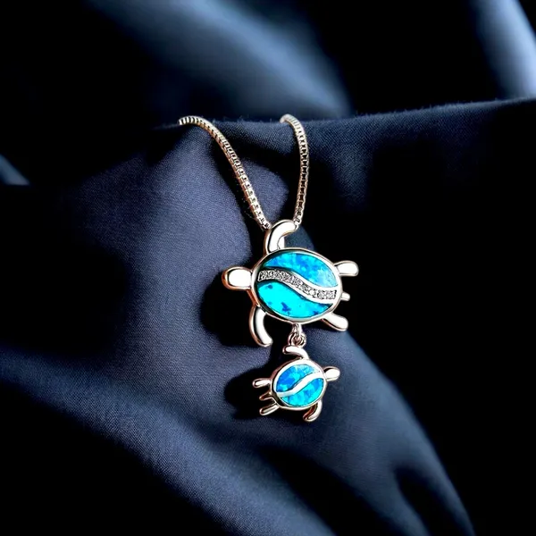 Silver Plated Tear Drop Opal Turtle Parent Child Pendant,‎ Minimalist Necklace - Image 2