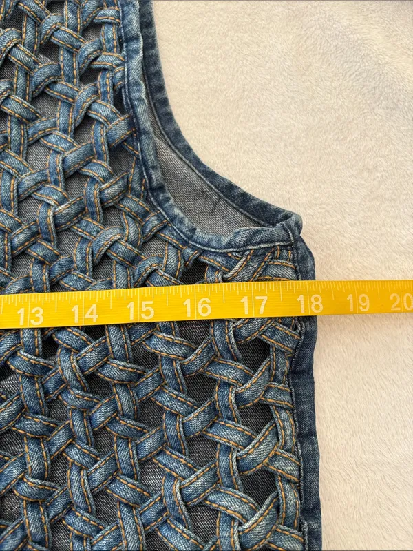 vintage A.J. Denim Button-Up Top denim vest crochet braided western boho 80s - Image 5