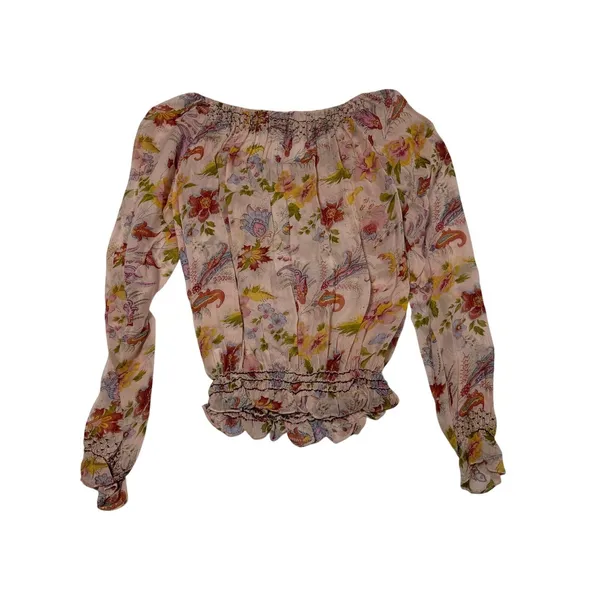 Vintage Revue Boho Floral Smocked Peasant‎ Blouse Pink Rayon Ruffle Hem XL - Image 6