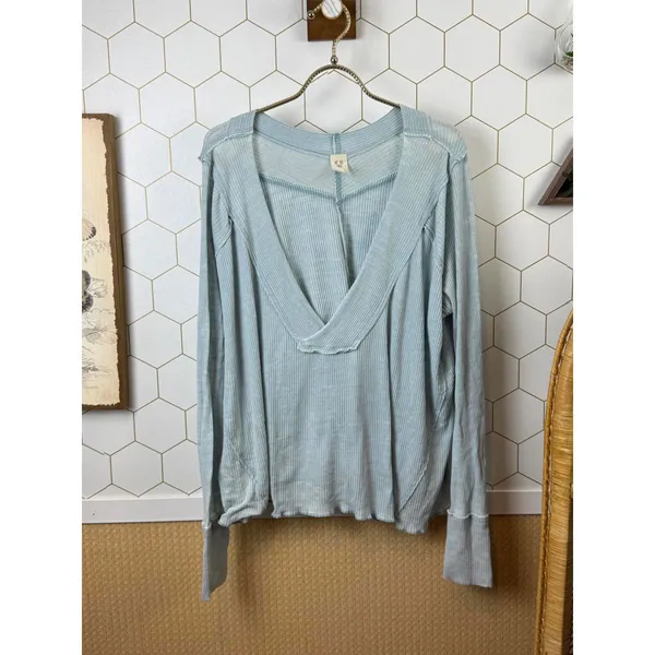 We the Free Light Blue Plunging V-Neck Long Sleeve Top - Size - Small - Image 6