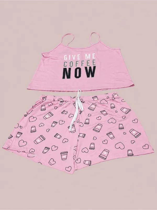 French Affair Coffee Lover Pink 3-Piece Pajama Lounge Set Robe Cami Shorts XL - Image 3