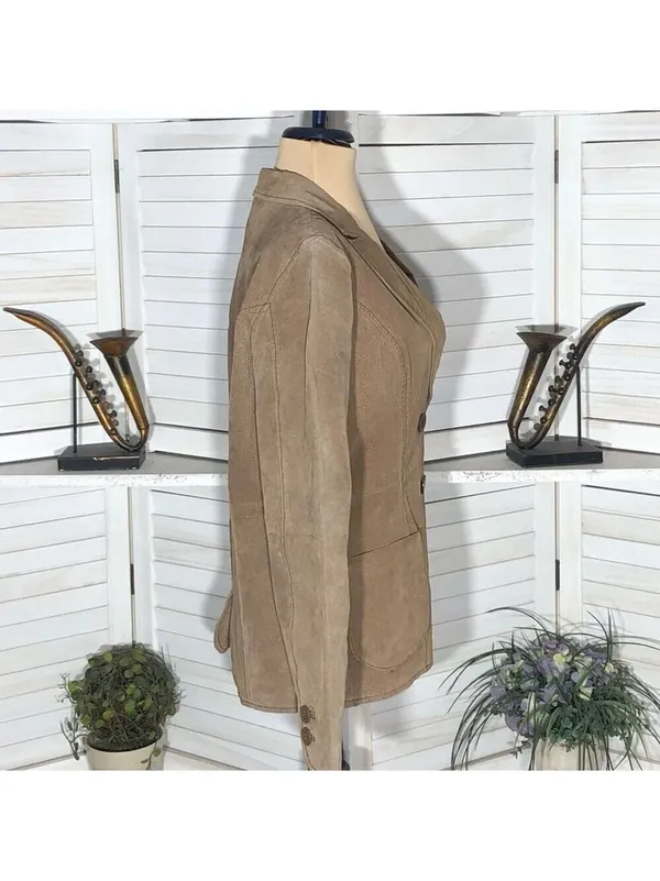 Vintage Y2K Suede Leather Blazer Coat Camel Brown Size M - Image 15