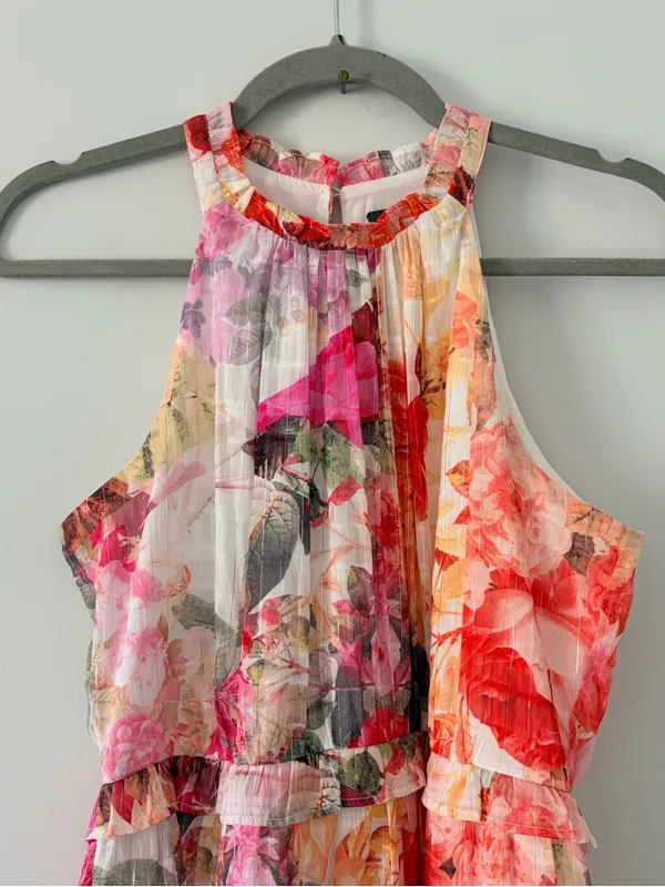 Vince Camuto Pink White Sleeveless Floral Chiffon Ruffle Tiered Midi Dress 6 - Image 3
