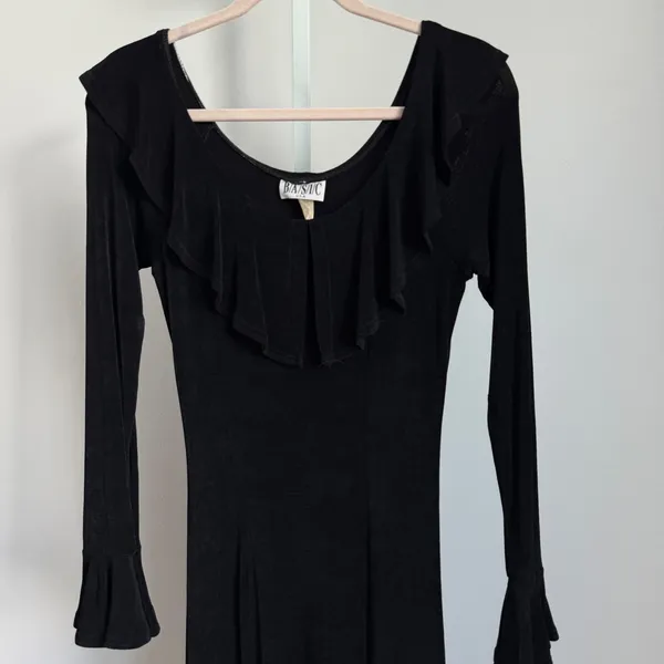 VTG‎ BASIC USA sz M Black Long Sleeve Ruffle Neck Maxi Dress Witchy Whimsygoth - Image 2