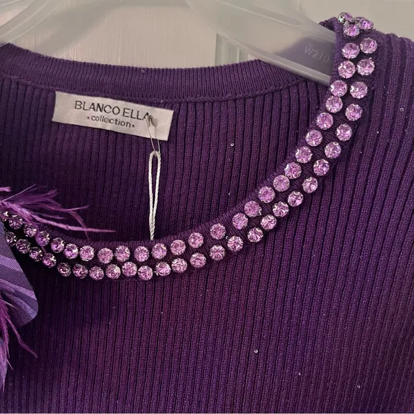 Women’s Purple Floral Rhinestone Ribbed Long Sleeve Crop Top - Image 5