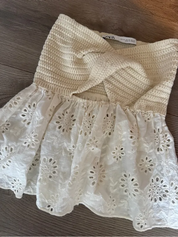 Zara Cream Knit Eyelet Twist Strapless Top - Image 3
