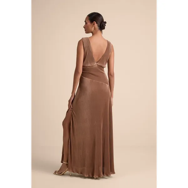NWT Lulus Renee Light Brown Satin Plisse V-Neck Maxi Dress Gala Banquet Size S - Image 4