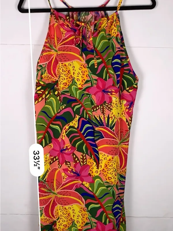 SHEIN Dress Women L Tropical Floral Jungle Print Halter Tie Neck Midi - Image 7