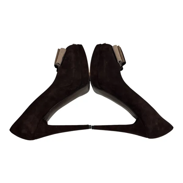 Stuart Weitzman Dark Brown Suede Peep-Toe Heels with Bow Detail - Image 5