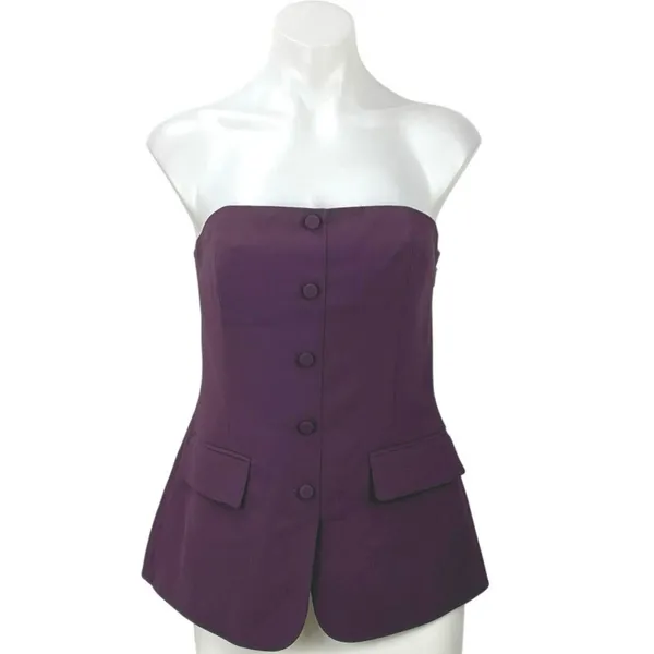 Aritzia Babaton Purple Strapless Tube Bandeau Button Up Peplum Blouse Top Size M - Image 2