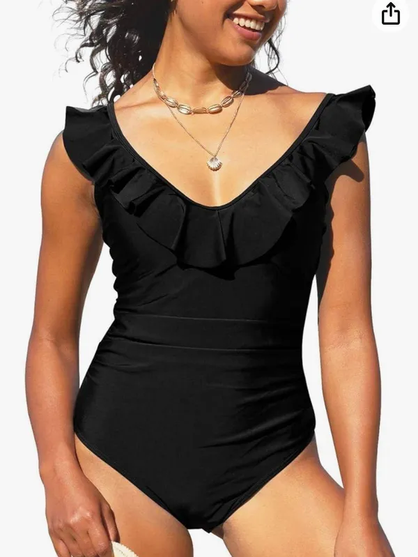 Hilor Women's One Piece Swimsuits V Neck Ruffled Swimwear Shirred Monokini Bathing Suit Tummy Control - Image 2