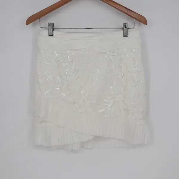 Naked Wardrobe White Floral Sequin Pleated Mini Skirt Womens Small - Image 2