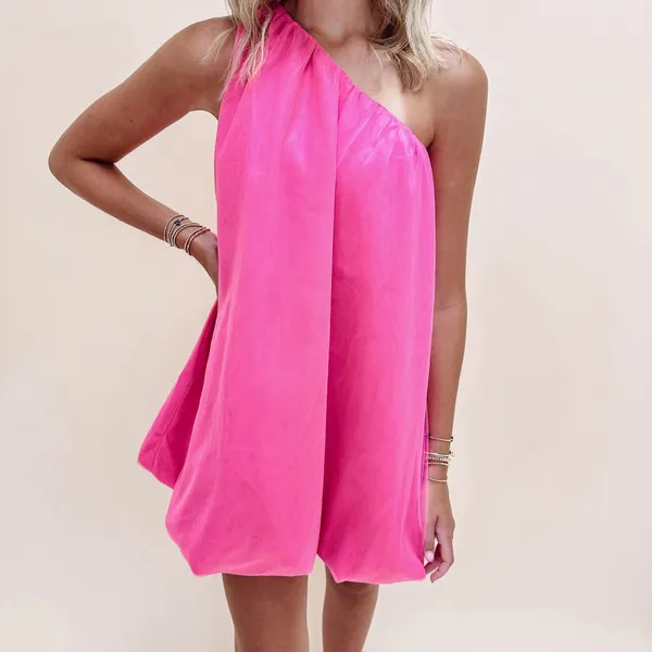 TCEC One Shoulder Bubble Hem Organza Mini Dress Hot Pink - Image 4