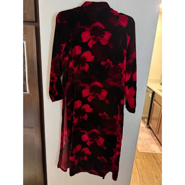 Red Black Floral Velvet Qipao Mandarin Collar Midi Dress Long Sleeve One Size - Image 4