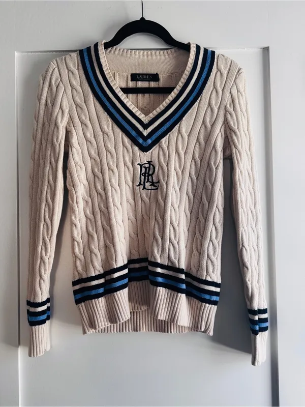 Lauren Ralph Lauren Logo Cricket Sweater S Cream Cable Knit Cotton LRL Preppy - Image 2