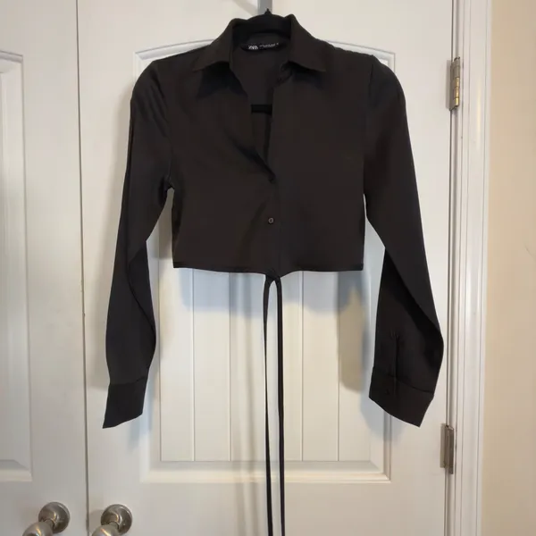 Zara Black Crop Poplin Shirt Long Sleeve Wrap Tie Waist XS EUC Collar Blouse - Image 3