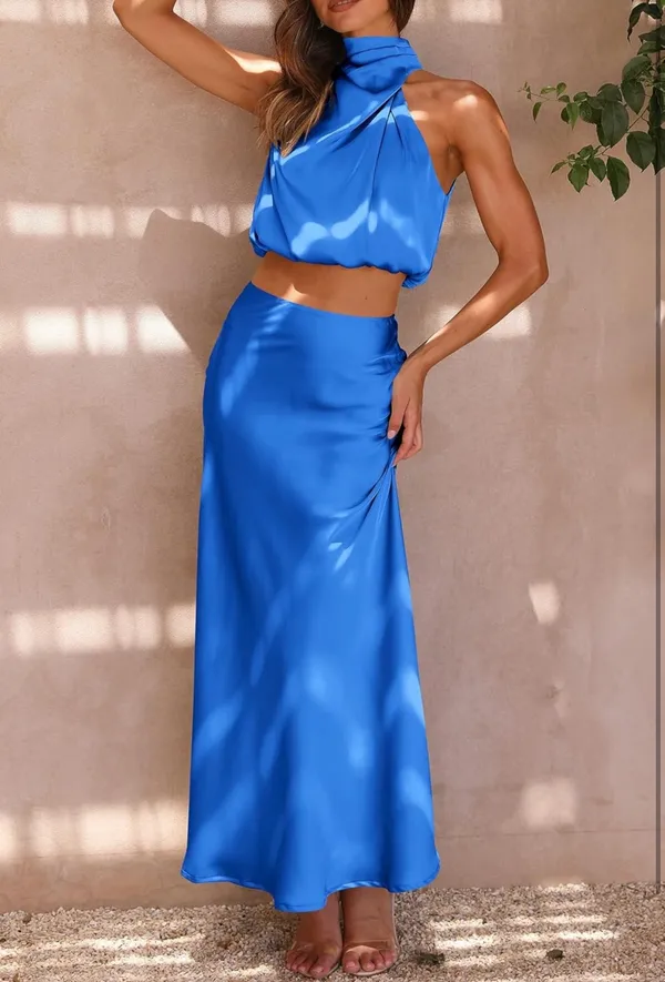 2 Piece Satin Set Blue Size M - Image 3
