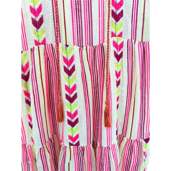 dRA Los Angeles Neon Striped‎ Chevron Tiered Mini Dress Boho Tassel Gauze Cotton - Image 2
