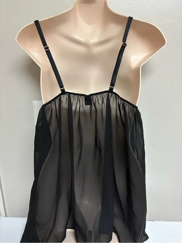 2 Pc Sheer Lace Babydoll Chemise Nightgown - Black with Matching Thong - Image 3