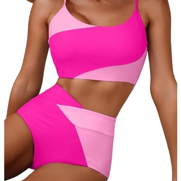 NWT Hot Pink Colorblock 2 Piece High Waisted Scoop Neck Bikini Set- Medium‎ - Image 3