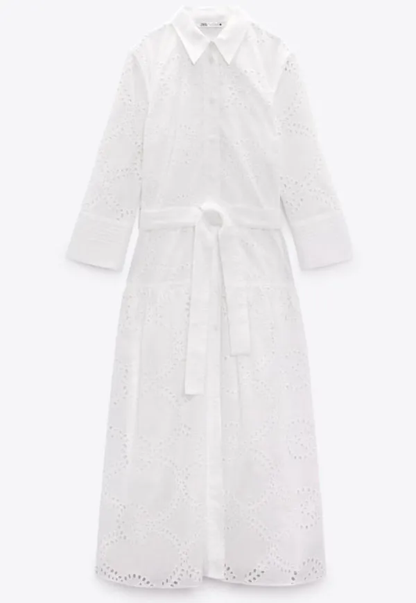 ZARA white lace long sleeve maxi dress with waist belt boho summer vacation - Image 12