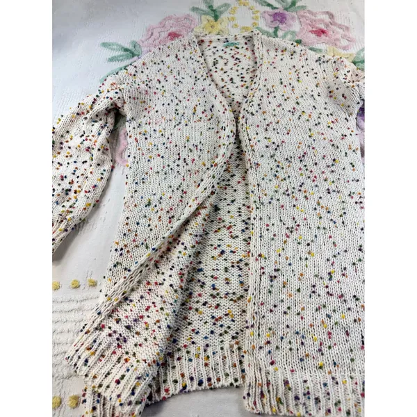 P.S. Kate Confetti Pom Pom Open Front Cardigan Cream Multi Knit Sweater M/L - Image 9
