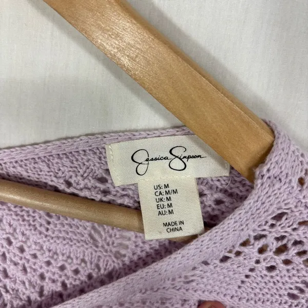 Jessica Simpson Sweater Womens M Lavender Pointelle Crochet‎ Ruched Crop Boho - Image 5