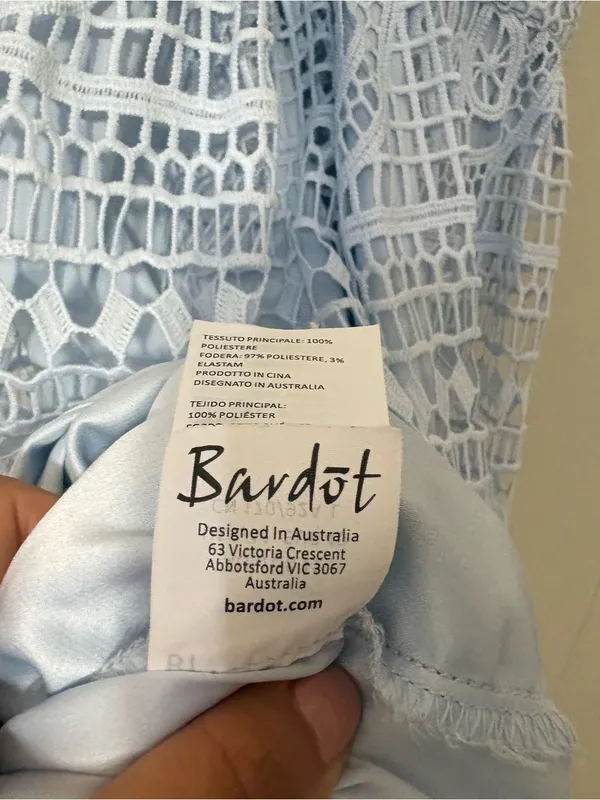 Bardot Versailles Lace Midi Dress Light Blue Crochet Open Back Size 8 - Image 9